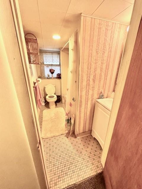 bathroom featuring a shower with shower curtain, vanity, and toilet