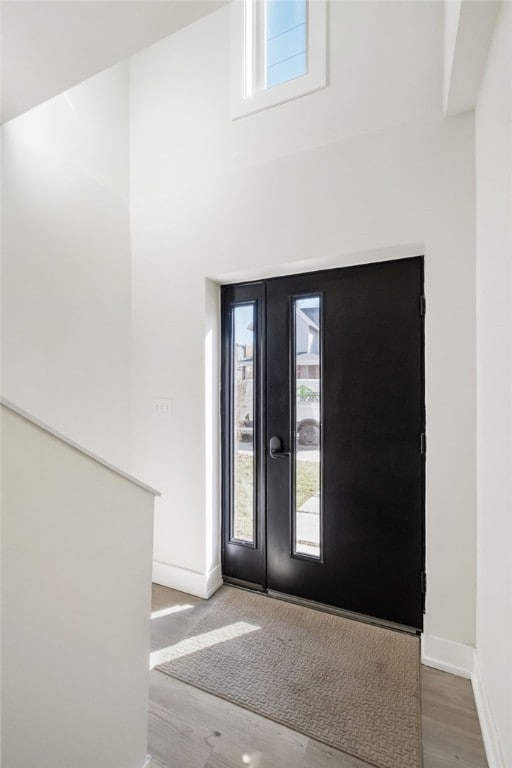 foyer entrance with a high ceiling, wood finished floors, a wealth of natural light, and baseboards