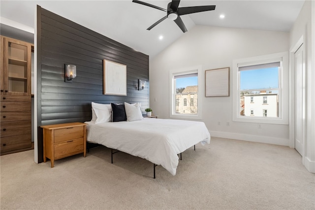 bedroom featuring light carpet, vaulted ceiling, baseboards, and recessed lighting