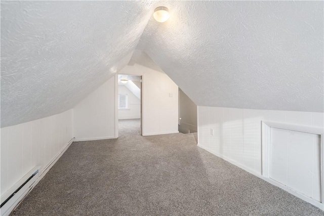 additional living space featuring carpet floors, lofted ceiling, a textured ceiling, and baseboard heating