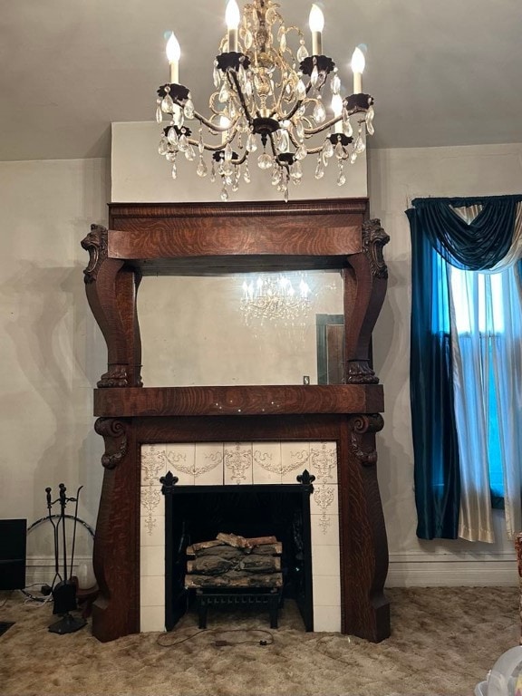 202 Central Ave, Chicora Boro, PA 16025 - detailed view of carpet flooring, a chandelier, and a tile fireplace