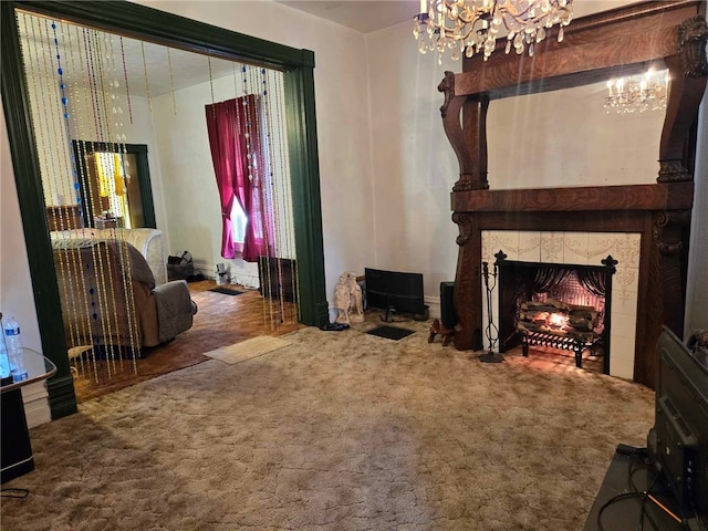 202 Central Ave, Chicora Boro, PA 16025 - carpeted living room featuring a chandelier and a tiled fireplace
