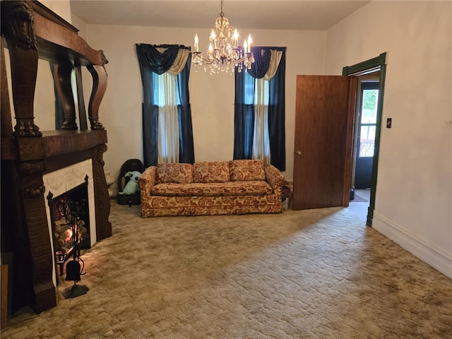 202 Central Ave, Chicora Boro, PA 16025 - living room with a chandelier, carpet floors, and a fireplace