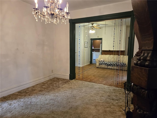 202 Central Ave, Chicora Boro, PA 16025 - unfurnished dining area with carpet, a chandelier, a ceiling fan, and baseboards