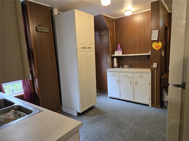 202 Central Ave, Chicora Boro, PA 16025 - kitchen with light countertops, white cabinetry, dark colored carpet, freestanding refrigerator, and wooden walls