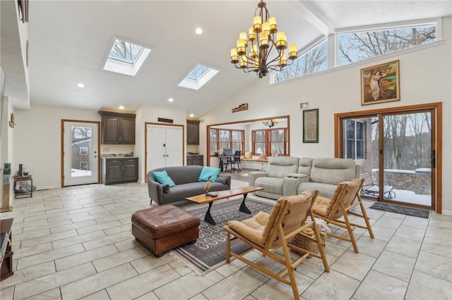 living area with high vaulted ceiling, a wealth of natural light, and beam ceiling