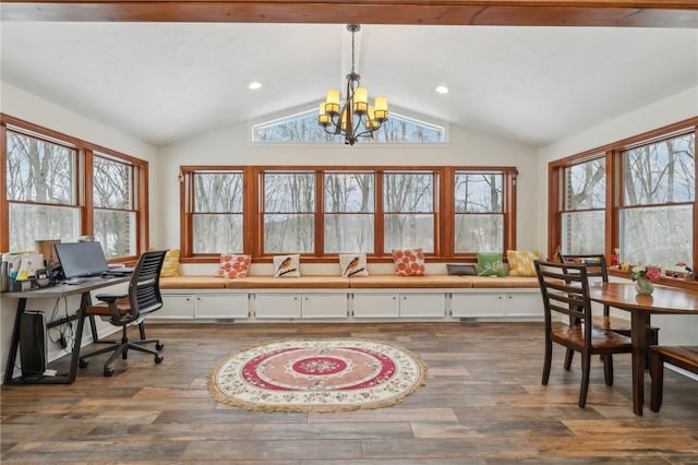 office area with vaulted ceiling, plenty of natural light, a chandelier, and dark wood-style floors