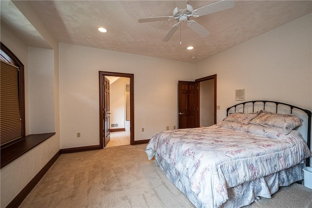 bedroom with visible vents, baseboards, a ceiling fan, carpet, and recessed lighting