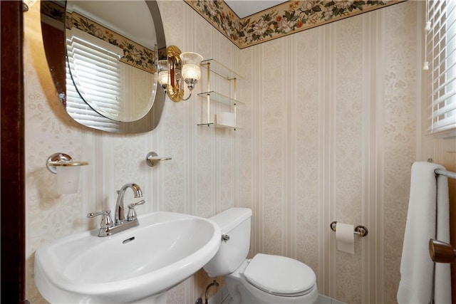 bathroom with a sink, toilet, and wallpapered walls