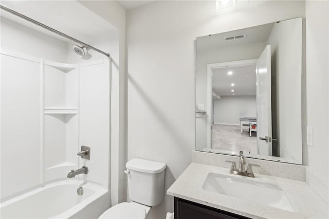 bathroom with toilet, shower / bath combination, vanity, and visible vents