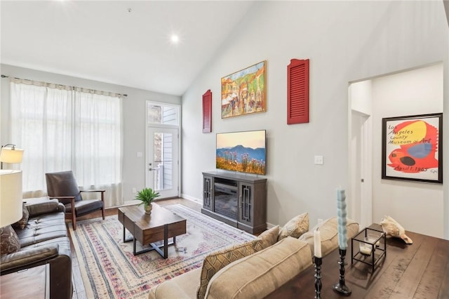 living area featuring a glass covered fireplace, lofted ceiling, and wood finished floors