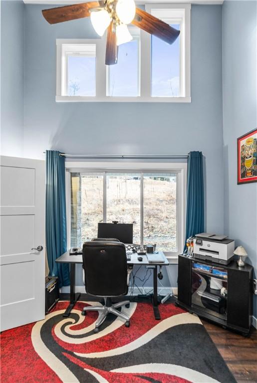 office featuring a high ceiling, a wealth of natural light, and wood finished floors