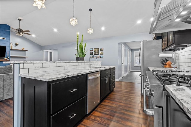 kitchen featuring dark wood-type flooring, a sink, exhaust hood, appliances with stainless steel finishes, and dark cabinetry