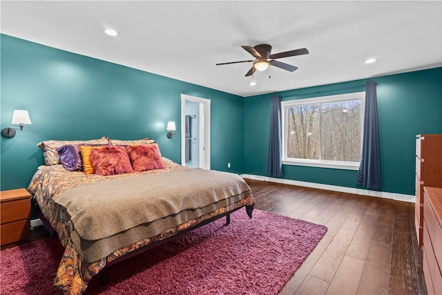 bedroom featuring a ceiling fan, recessed lighting, baseboards, and hardwood / wood-style floors