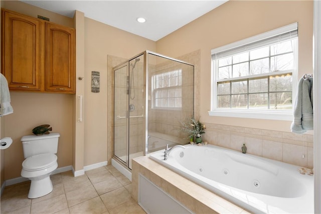 bathroom featuring toilet, a shower stall, tile patterned flooring, baseboards, and a tub with jets