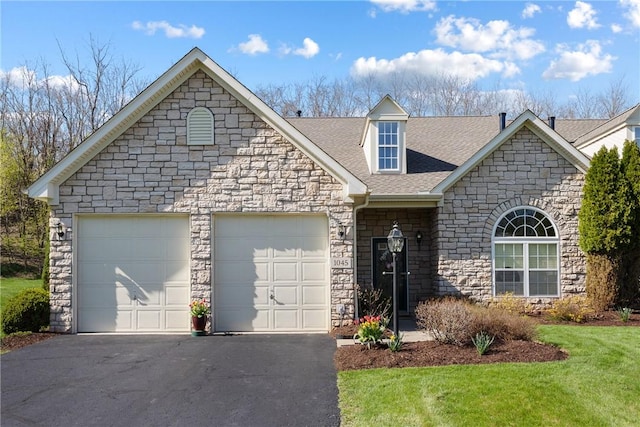 view of front of property with a front lawn, aphalt driveway, stone siding, a shingled roof, and an attached garage
