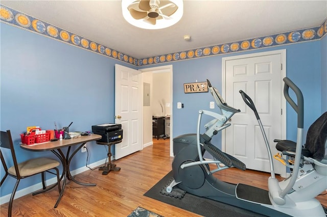 exercise room featuring baseboards, a ceiling fan, electric panel, and light wood-style floors