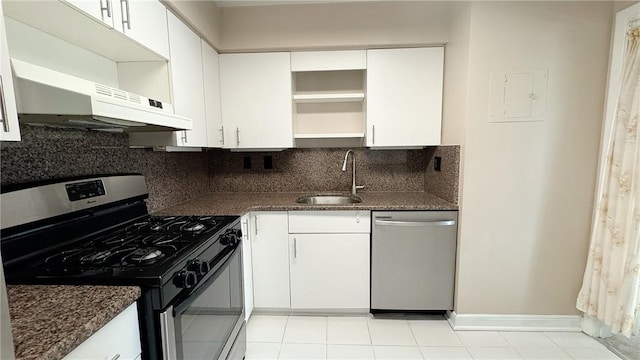 kitchen with under cabinet range hood, a sink, open shelves, stainless steel appliances, and white cabinets