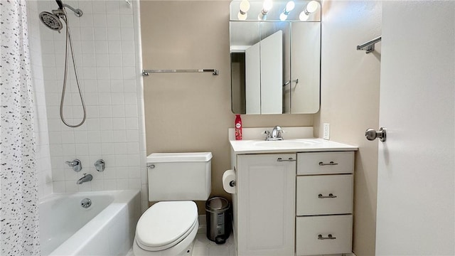 bathroom featuring shower / bath combination with curtain, toilet, and vanity