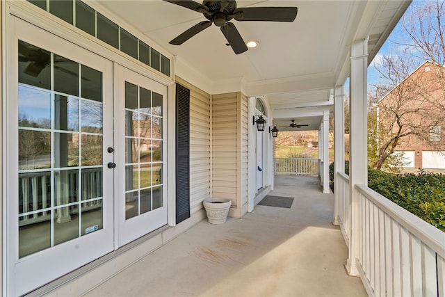 view of patio / terrace featuring french doors, covered porch, and ceiling fan