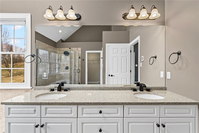 full bath featuring a sink, double vanity, a shower stall, and a wealth of natural light