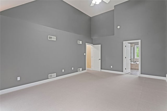 103 Ridgemont Dr, Cranberry Twp, PA 16066 - unfurnished bedroom featuring high vaulted ceiling, baseboards, connected bathroom, carpet floors, and a ceiling fan