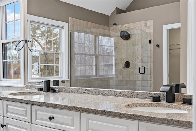 103 Ridgemont Dr, Cranberry Twp, PA 16066 - full bath featuring a shower stall, vaulted ceiling, double vanity, and a spacious closet