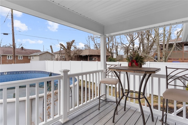 deck featuring a fenced backyard and a fenced in pool