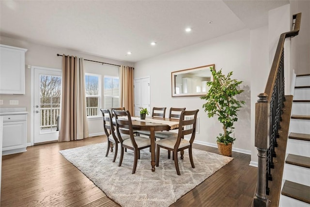 dining area with stairs, baseboards, dark wood-style flooring, and recessed lighting