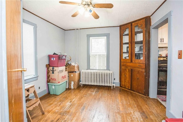 interior space featuring crown molding, wood-type flooring, a ceiling fan, and radiator