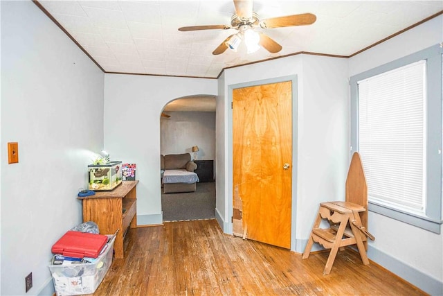 interior space featuring baseboards, arched walkways, ceiling fan, ornamental molding, and wood finished floors