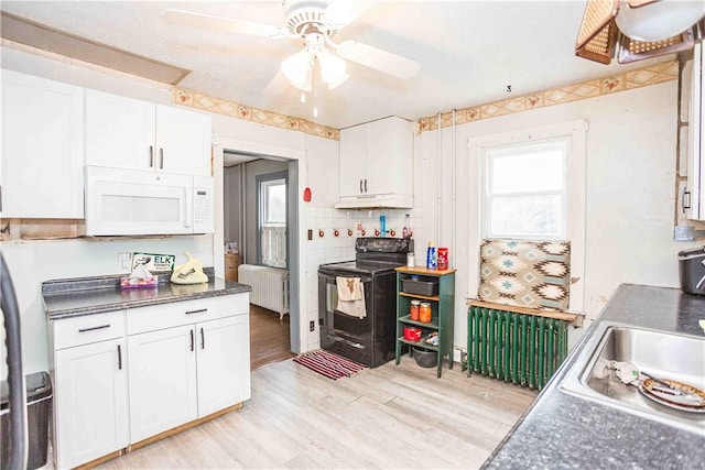 kitchen with radiator heating unit, white microwave, white cabinetry, black range with electric cooktop, and under cabinet range hood