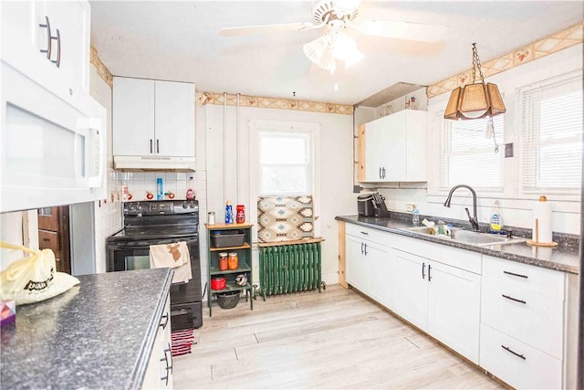 kitchen featuring white microwave, under cabinet range hood, a sink, radiator, and black electric range oven