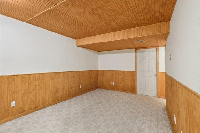 spare room featuring wooden walls, visible vents, a wainscoted wall, wood ceiling, and light floors