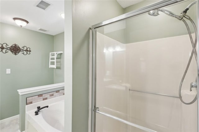 full bath featuring a stall shower, visible vents, and a bath