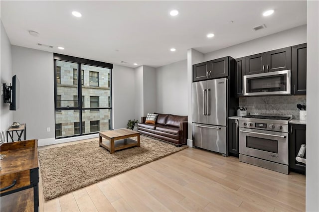 kitchen with light wood finished floors, visible vents, high end appliances, and backsplash