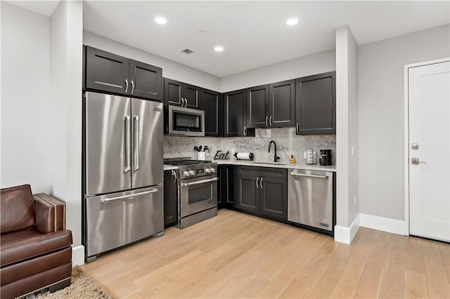 kitchen with a sink, high quality appliances, light countertops, light wood-type flooring, and decorative backsplash