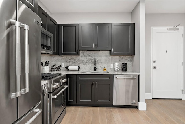 kitchen featuring dark cabinets, stainless steel appliances, a sink, light wood-type flooring, and backsplash