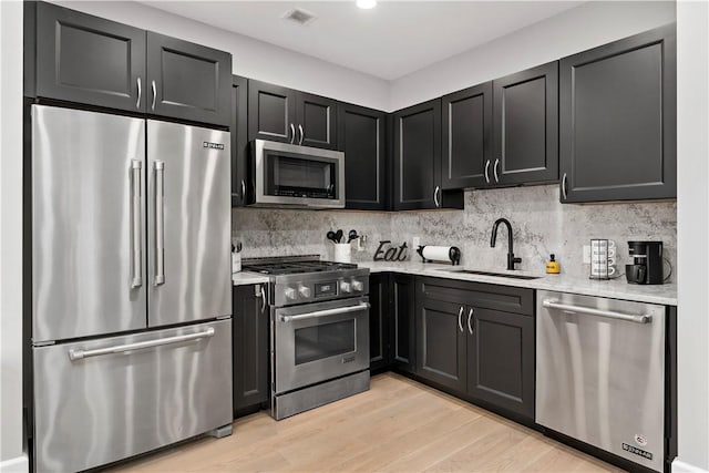 kitchen with stainless steel appliances, dark cabinetry, a sink, and tasteful backsplash