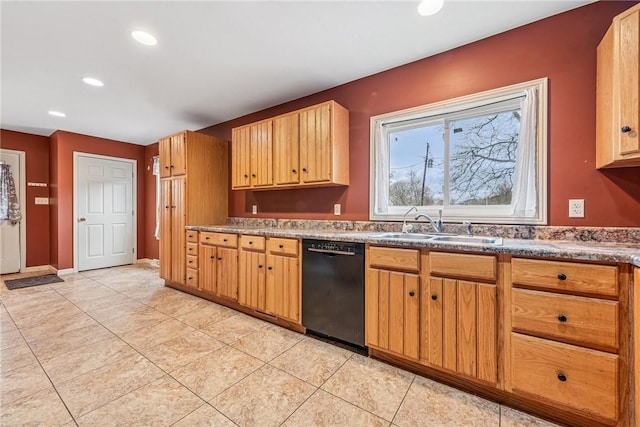 kitchen with recessed lighting, dishwasher, a sink, and light tile patterned floors