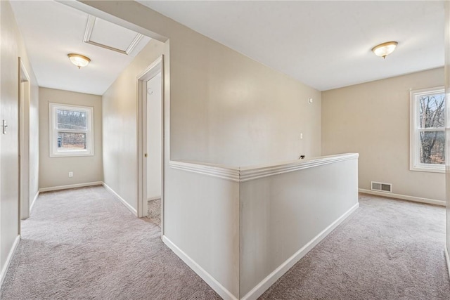 hallway with carpet floors, a healthy amount of sunlight, visible vents, and baseboards