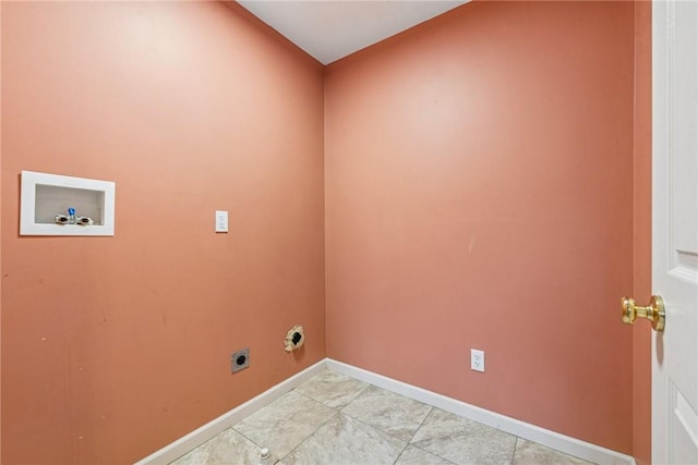 laundry room with laundry area, light tile patterned floors, baseboards, hookup for an electric dryer, and washer hookup