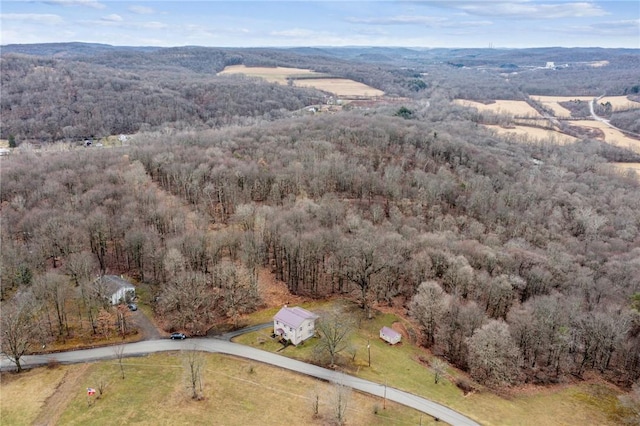 bird's eye view with a wooded view