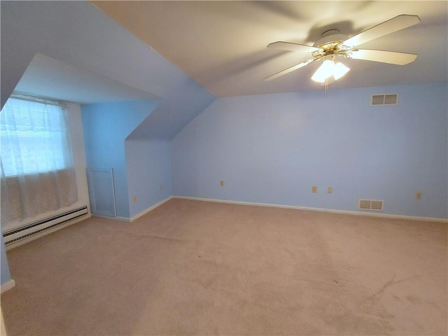 bonus room featuring visible vents, ceiling fan, light carpet, and baseboard heating