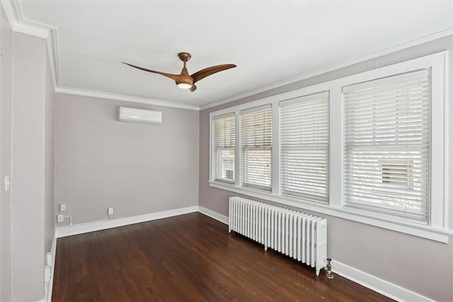 unfurnished room featuring a wall mounted air conditioner, a ceiling fan, wood finished floors, radiator heating unit, and crown molding