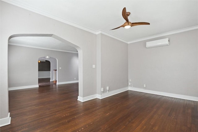 unfurnished room featuring wood finished floors, a ceiling fan, arched walkways, ornamental molding, and an AC wall unit