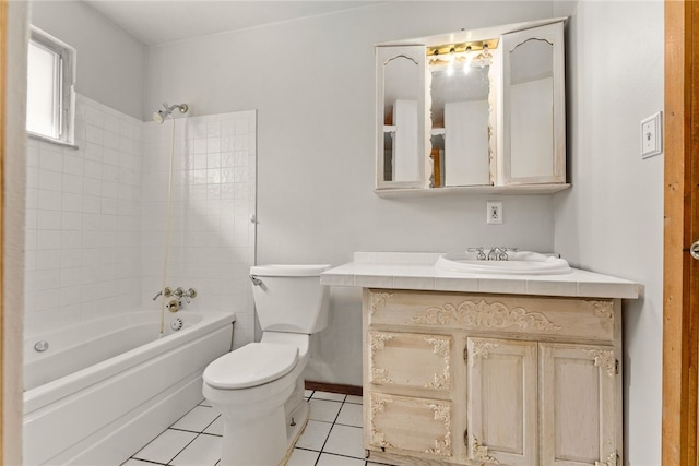 full bath with vanity, shower / washtub combination, tile patterned flooring, and toilet