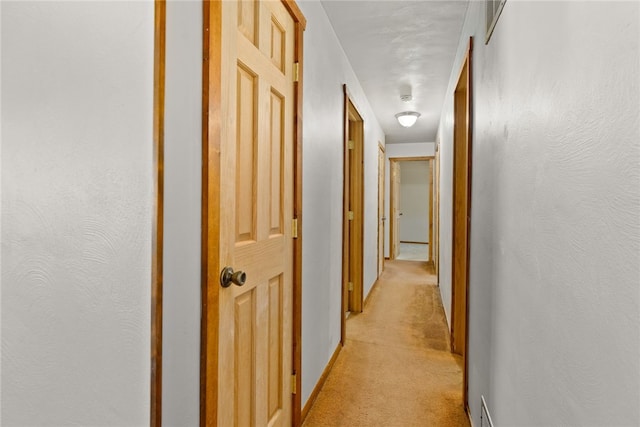 corridor with light carpet and a textured wall