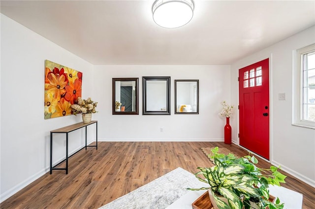 foyer entrance featuring baseboards and wood finished floors