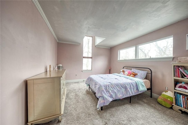 carpeted bedroom with baseboards and crown molding